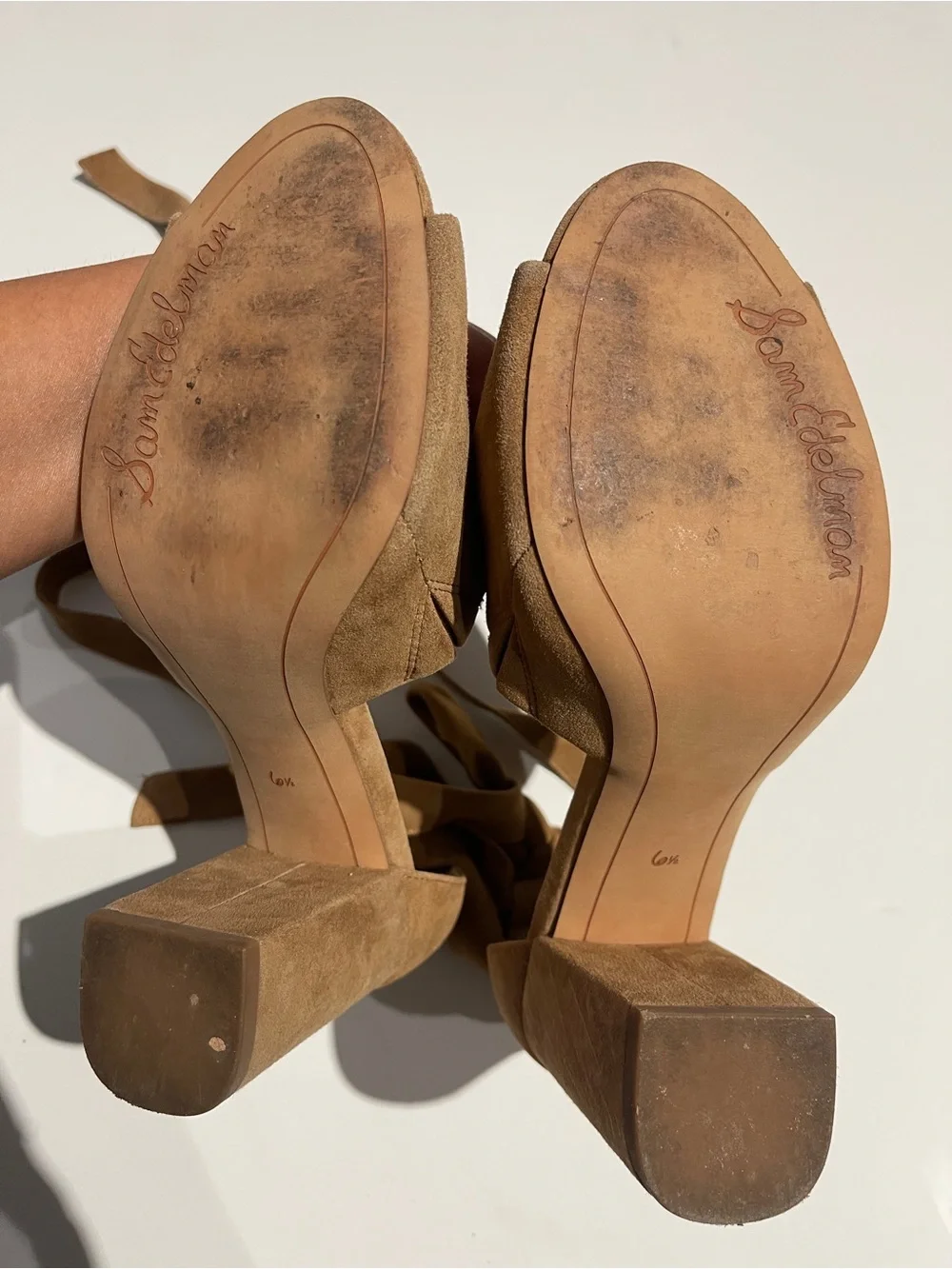Sam Edelman Tan Suede Ankle-Tie Block Heels